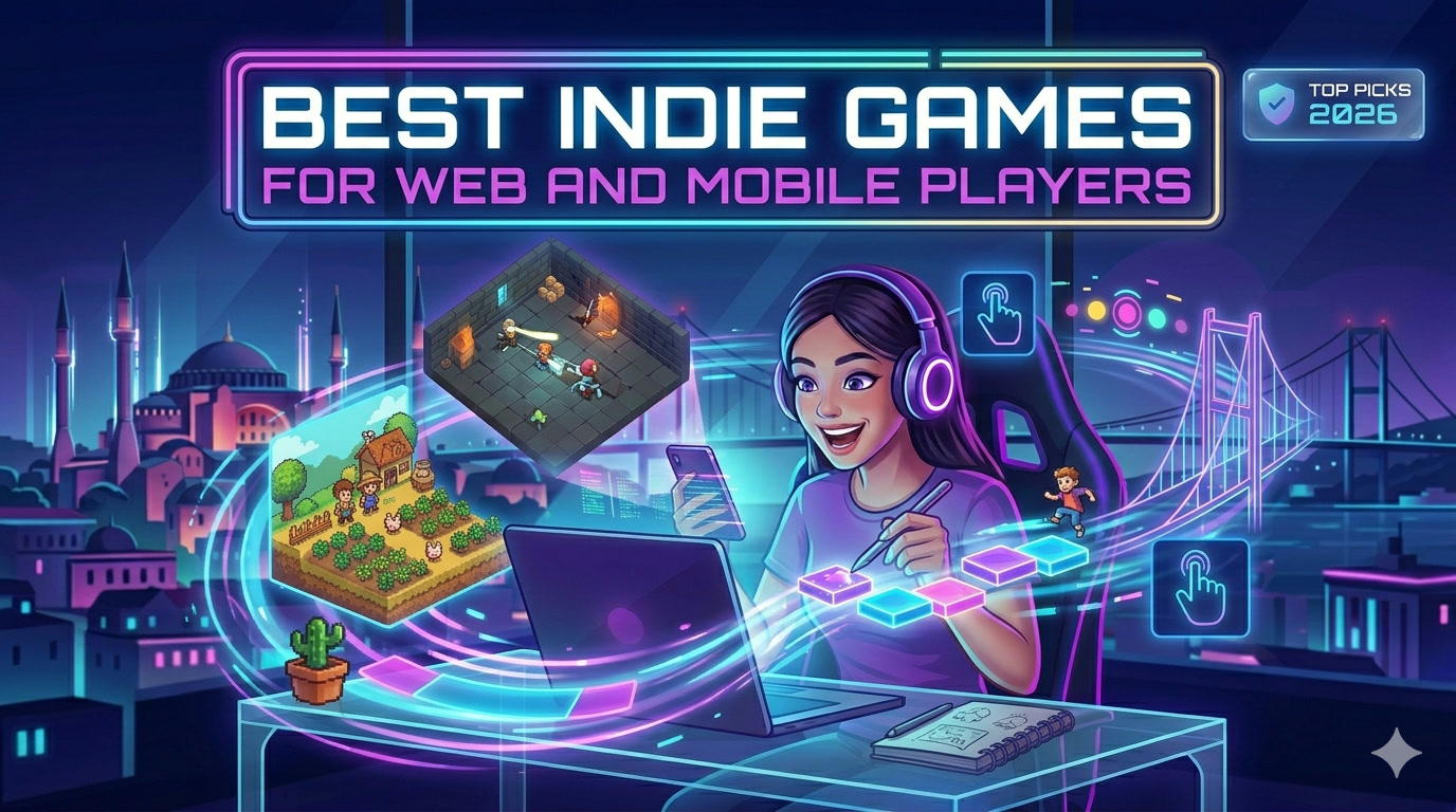Abstract game artwork used as the cover image for an indie games roundup