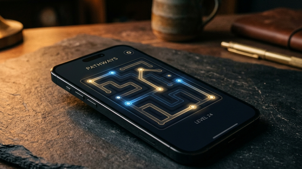 A cinematic, high-end widescreen premium photograph of a modern smartphone resting on a dark slate desk. The phone's screen displays a clean, minimalist puzzle game showing deep, interconnected pathways and glowing nodes.