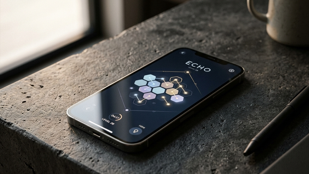 A cinematic, high-end widescreen premium photograph of a modern smartphone resting on a dark, textured concrete desk. The phone's screen is illuminated, showing a clean, elegant puzzle game interface with minimalist geometry, zero popups, and no intrusive ads.