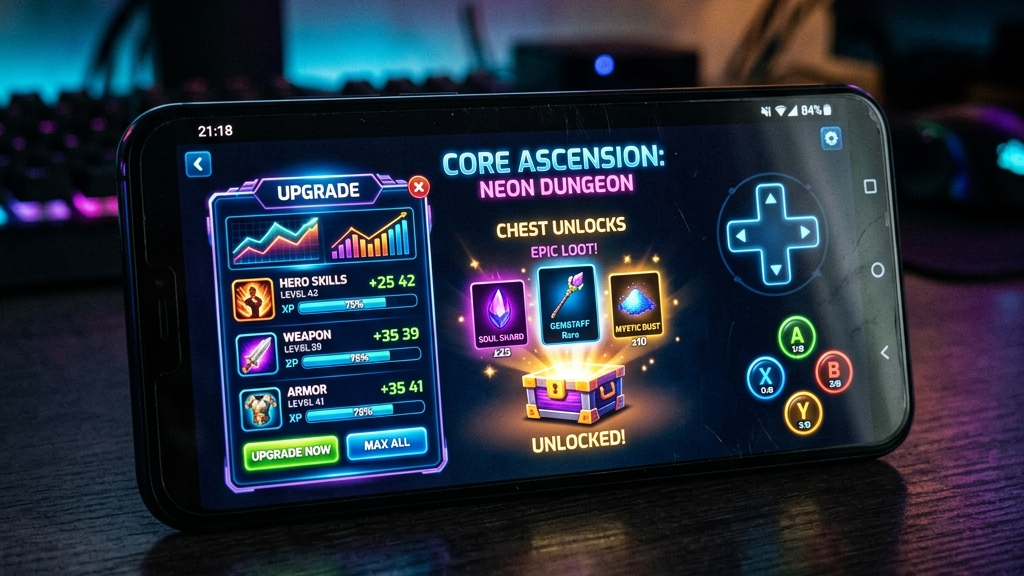 A cinematic widescreen premium photograph of a modern smartphone showing a dynamic game interface with colorful upgrade charts, glowing chest unlocks, and simple arcade controls. The lighting is moody and dark with soft neon reflections on the phone's glass, conveying deep mobile game progression