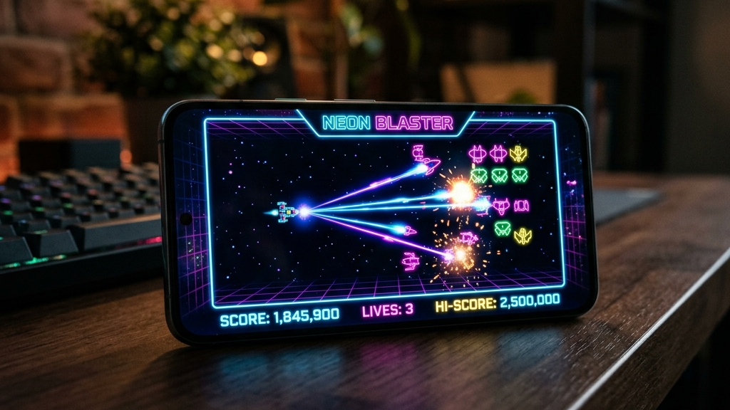A cinematic widescreen premium photograph of a modern smartphone showing a vibrant neon retro-arcade game screen with flying lasers and glowing high scores. Dark glass reflections, minimalist desk background, moody ambient lighting