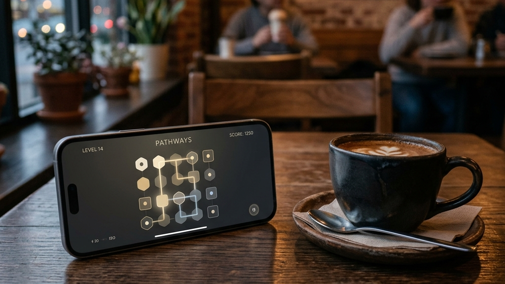 A cinematic, high-end widescreen premium photograph of a modern smartphone resting on a dark wood table with a cup of coffee next to it. The phone screen shows a clean, elegant puzzle board game with beautiful minimalist graphics.