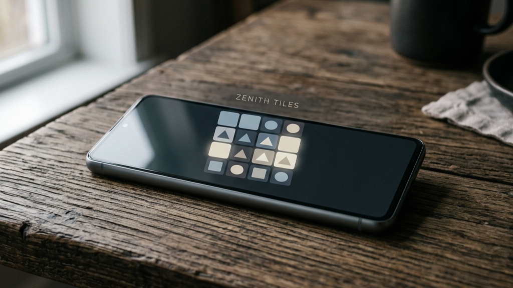 A cinematic, high-end widescreen premium photograph of a modern smartphone resting on a rustic wooden tabletop. The phone screen displays a clean, elegant puzzle game with simple geometric tiles, zero timers, no popups.