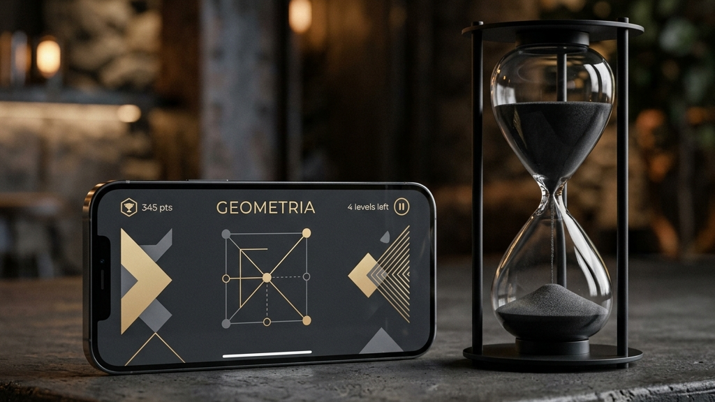 A cinematic, high-end widescreen premium photograph of a modern smartphone resting on a dark concrete surface. Next to the phone is a sleek, black minimalist hourglass with dark sand running. The phone's screen displays a clean, elegant puzzle game with simple geometric lines in gold and gray accents.