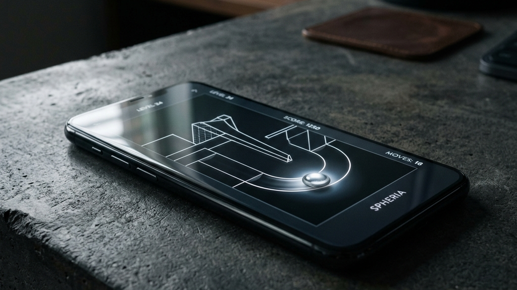 A cinematic, high-end widescreen premium photograph of a modern smartphone resting on a dark concrete desk. The phone's screen displays a clean, minimalist physics-based puzzle game with a single glowing metallic marble rolling along a track.