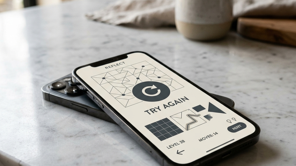 A cinematic, high-end widescreen premium photograph of a modern smartphone lying on a clean white marble countertop. The phone screen displays a minimalist puzzle game with pure geometric shapes, high-contrast dark gray lines on a light beige background, and a prominent 'Try Again' reload icon.