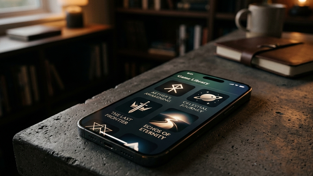 A cinematic, high-end widescreen premium photograph of a modern smartphone resting on a dark, textured concrete desk. The phone's screen displays a clean, minimalist home library showing elegant, high-contrast game icons.