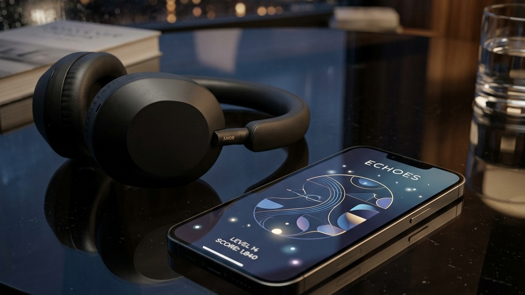 A cinematic, high-end widescreen premium photograph of a modern smartphone lying on a dark glass table. The phone screen displays a clean, minimalist puzzle game with beautiful flowing lines and geometric patterns. Next to the phone are premium wireless noise-canceling headphones resting on the table.