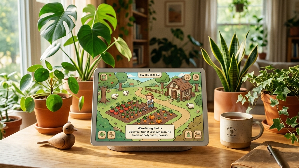 A cinematic widescreen premium photograph showing a tablet on a clean wooden desk, surrounded by green houseplants and warm sunlight. The tablet screen shows a relaxing, cozy farming game, conveying self-paced play without daily quests or limits. Calm and peaceful atmosphere