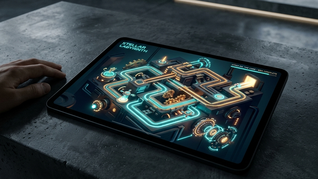 A cinematic widescreen premium photograph showing a tablet on a dark concrete surface. On the screen, a gorgeous 3D isometric puzzle game is displaying a labyrinth of glowing paths and mechanical locks, representing real progression. Minimalist, modern style