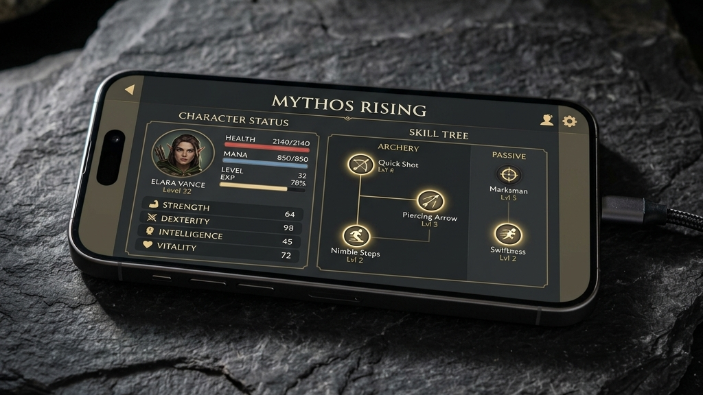 A cinematic, high-end widescreen premium photograph of a modern smartphone resting on a dark slate stone surface. The phone's screen displays a clean, minimalist fantasy RPG menu with character stats and skill trees in gold and dark gray accents.