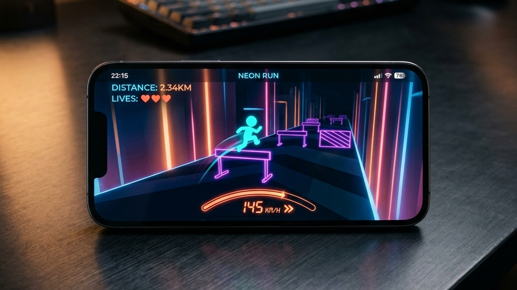 A cinematic, high-end widescreen premium photograph of a modern smartphone resting on a dark anodized aluminum desk. The phone's screen displays a clean, minimalist endless runner game with fluid lines, neon silhouettes of a player jumping over barriers, and a stylized speed indicator.