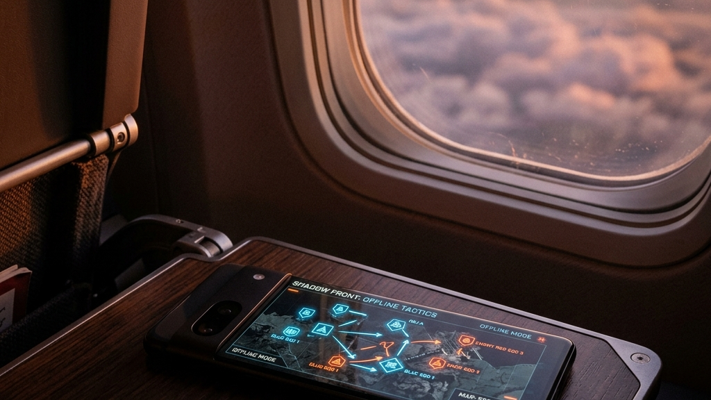 A cinematic, high-end widescreen premium photograph of a modern smartphone resting on a dark tray table near an airplane window showing soft clouds at dusk. The phone's screen displays a detailed offline tactical strategy map with geometric neon player markers.