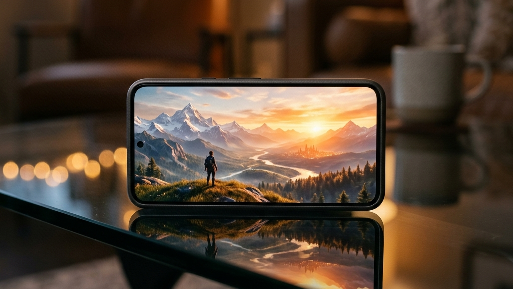 A cinematic, high-end widescreen premium photograph of a modern smartphone resting on a dark glass table with soft warm ambient reflections. The phone screen displays a breathtaking open-world landscape game with majestic mountains and a glowing horizon.