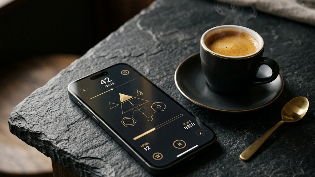 A cinematic, high-end widescreen premium photograph of a modern smartphone lying on a dark textured slate countertop next to a fresh cup of espresso with rich crema. The phone screen displays a clean, minimalist geometric puzzle game with gold highlights.