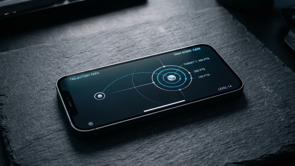 A cinematic, high-end widescreen premium photograph of a modern smartphone resting on a dark slate desk. The phone's screen displays a clean, minimalist skill-based game with precise lines, target points, and a trajectory path in cool blue and silver highlights.